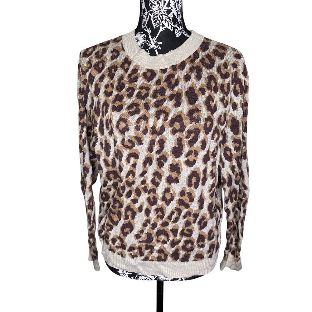 A New Day Leopard Print Sweater Neutral Brown Crewneck Womens Large Cozy Animal